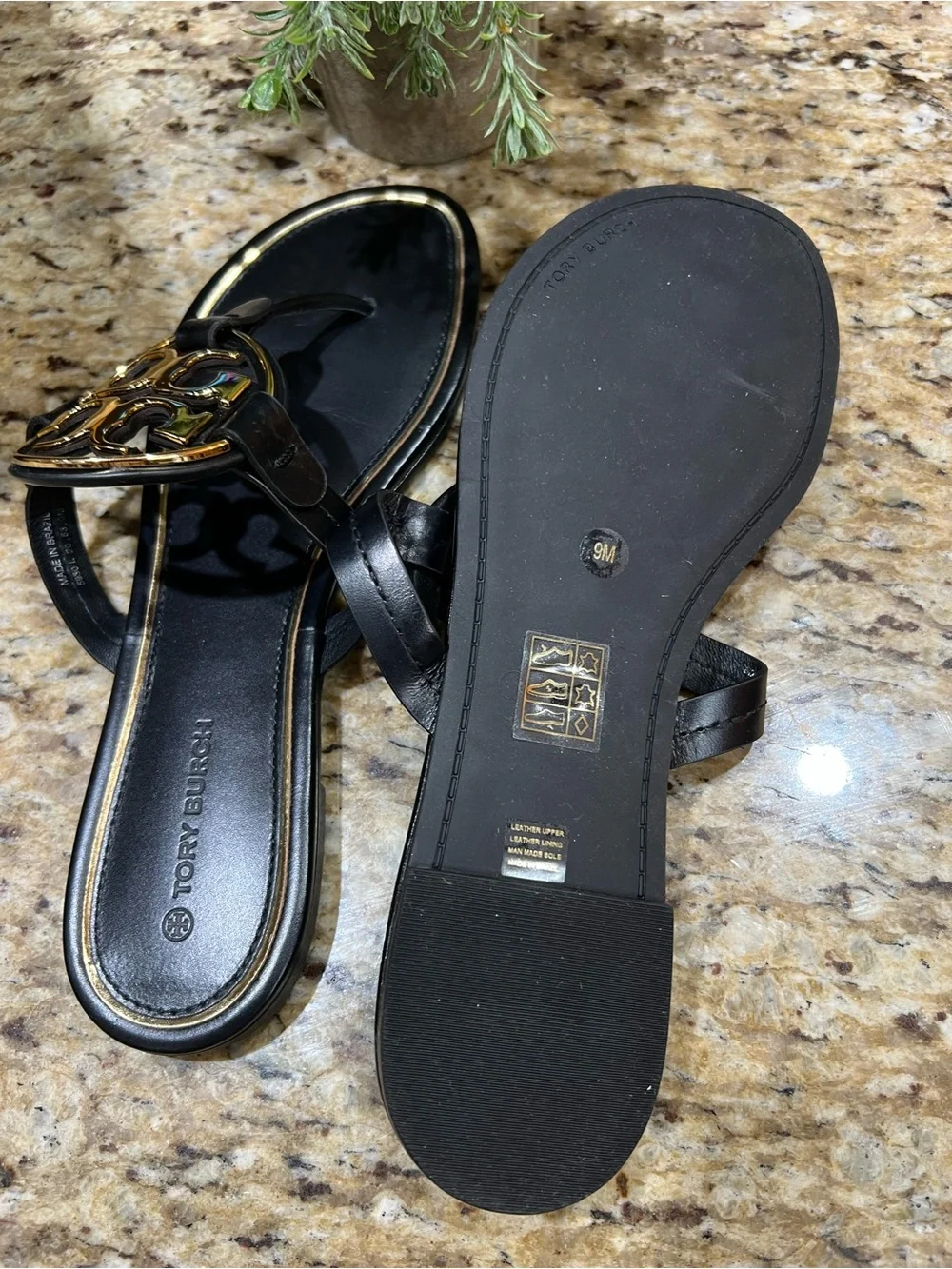 Tory Burch Miller Metal Black Leather Sandals with Gold Logo 9M
